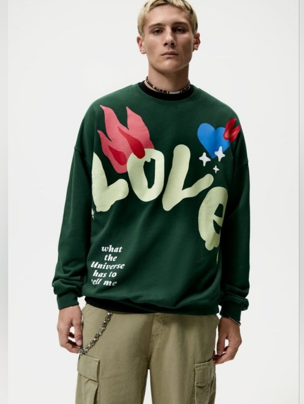 Zara Mens Green LOVE Crewneck Streetwear Utility Quiet Flex Sweatshirt Size M